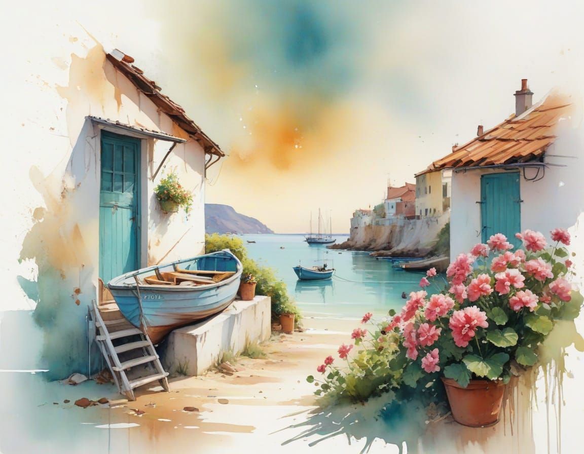 Coastal Village Scene with Fishing Boats in Golden Light