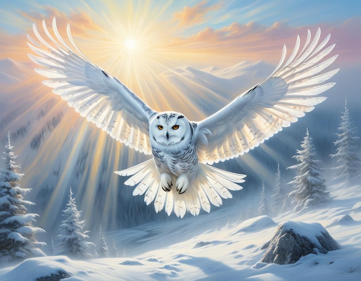 Snowy Owl Over Frozen Tundra in Wildlife Art Style
