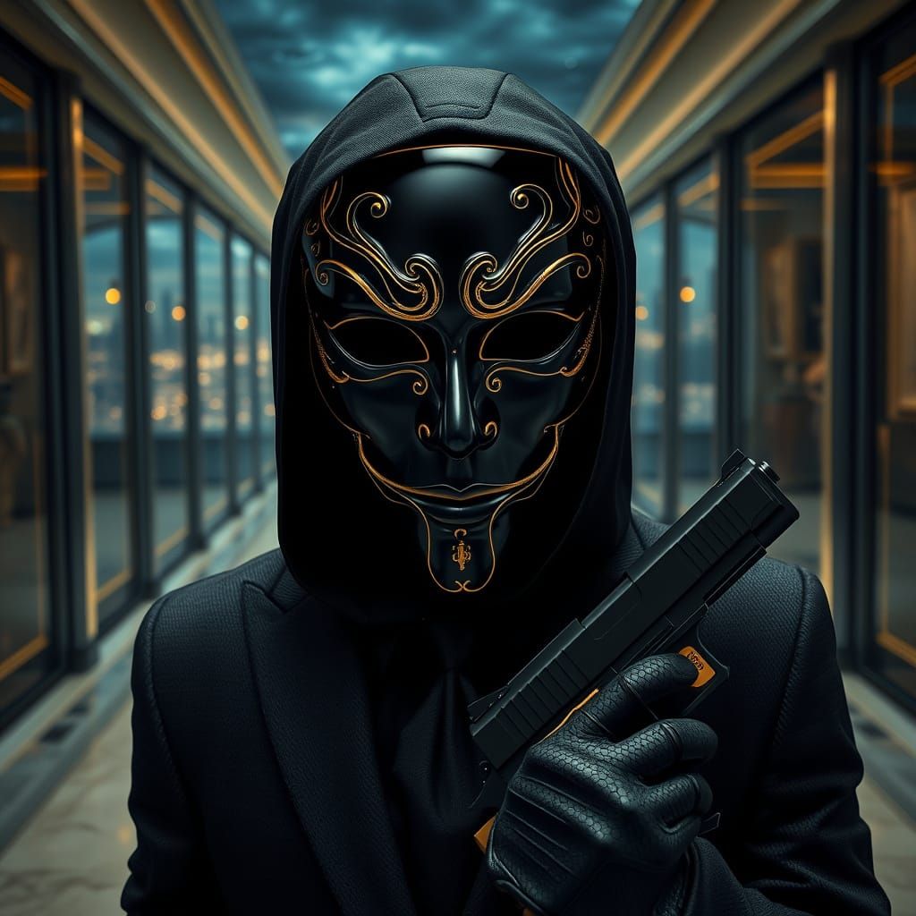 Man with Theatrical Mask in Vault, Cyberpunk Style