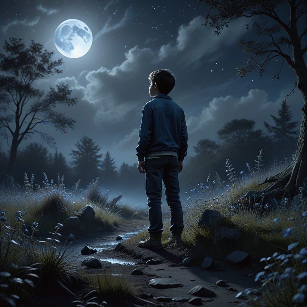 Lone Boy Lost in Whimsical Nocturnal Dreams
