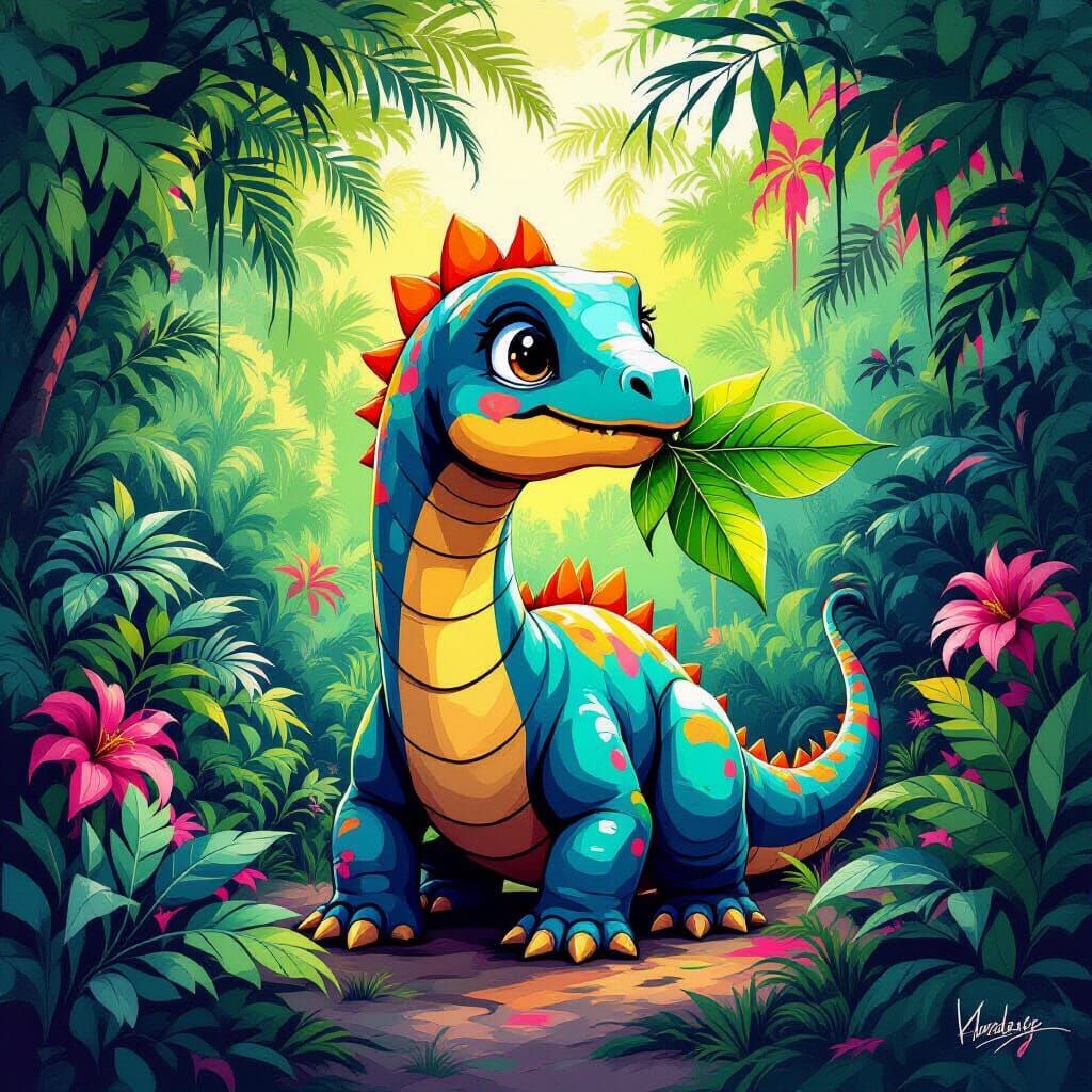 Baby Brachiosaurus in Vibrant Graffiti Art Scene