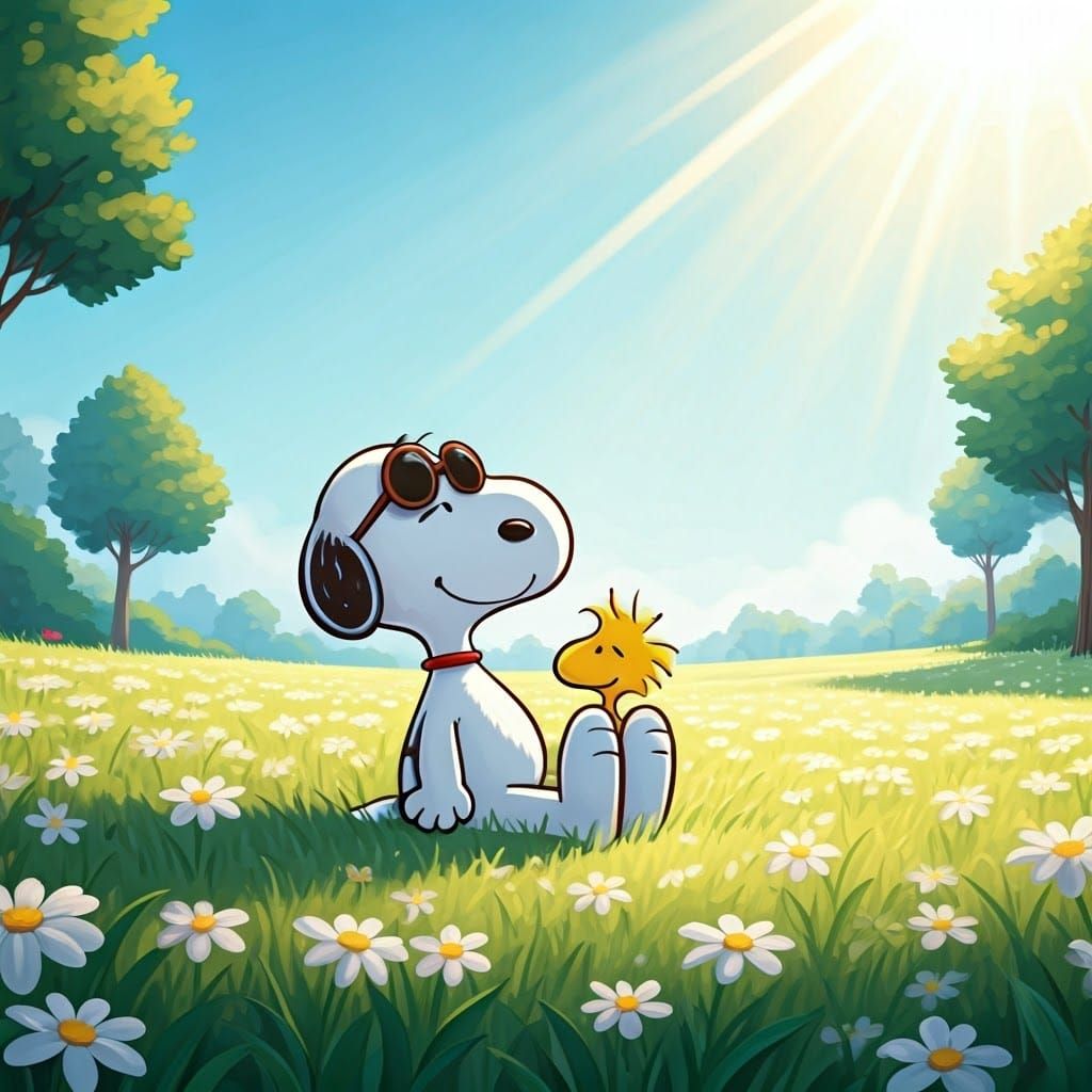 Snoopy Basks in Sunshine on a Blooming Meadow