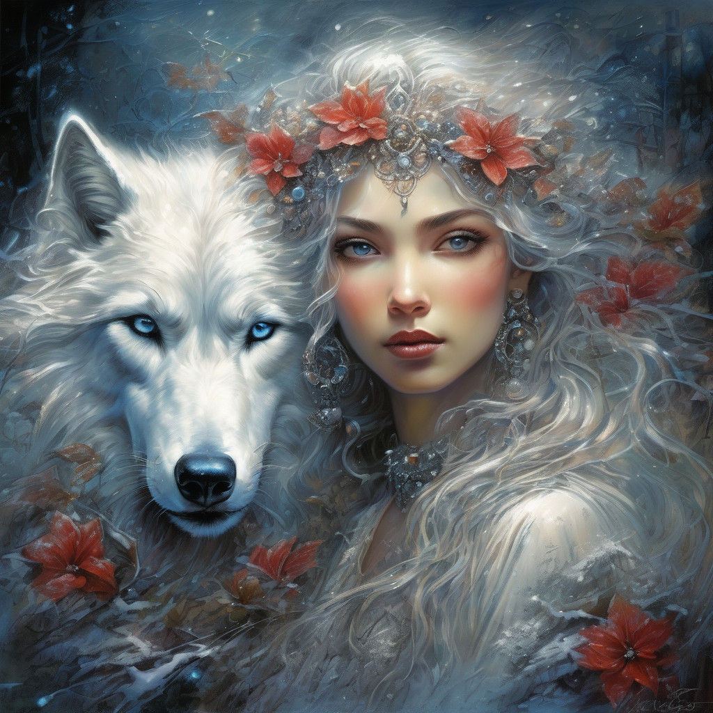 Enchanting Winter Fairy Rides Majestic White Wolf Under Star...