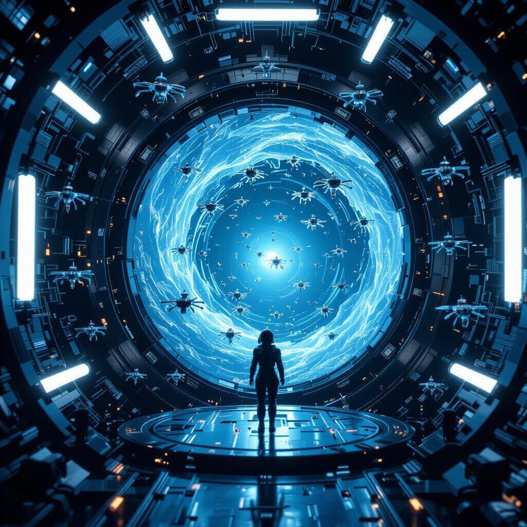 Cybernetic Drones Explore Blue Spherical Machine Abyss