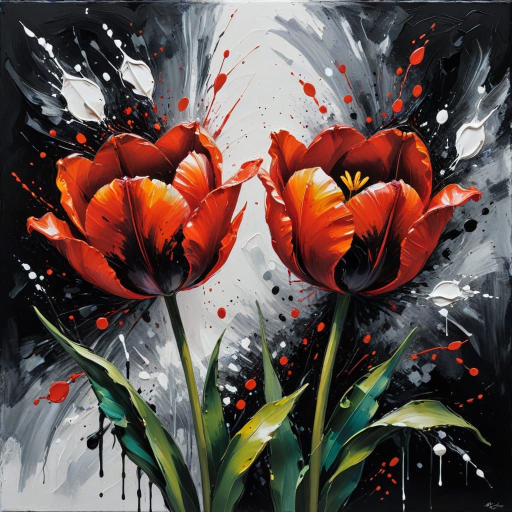 Vibrant Abstract Tulip Blooms in Expressive Oil Painting