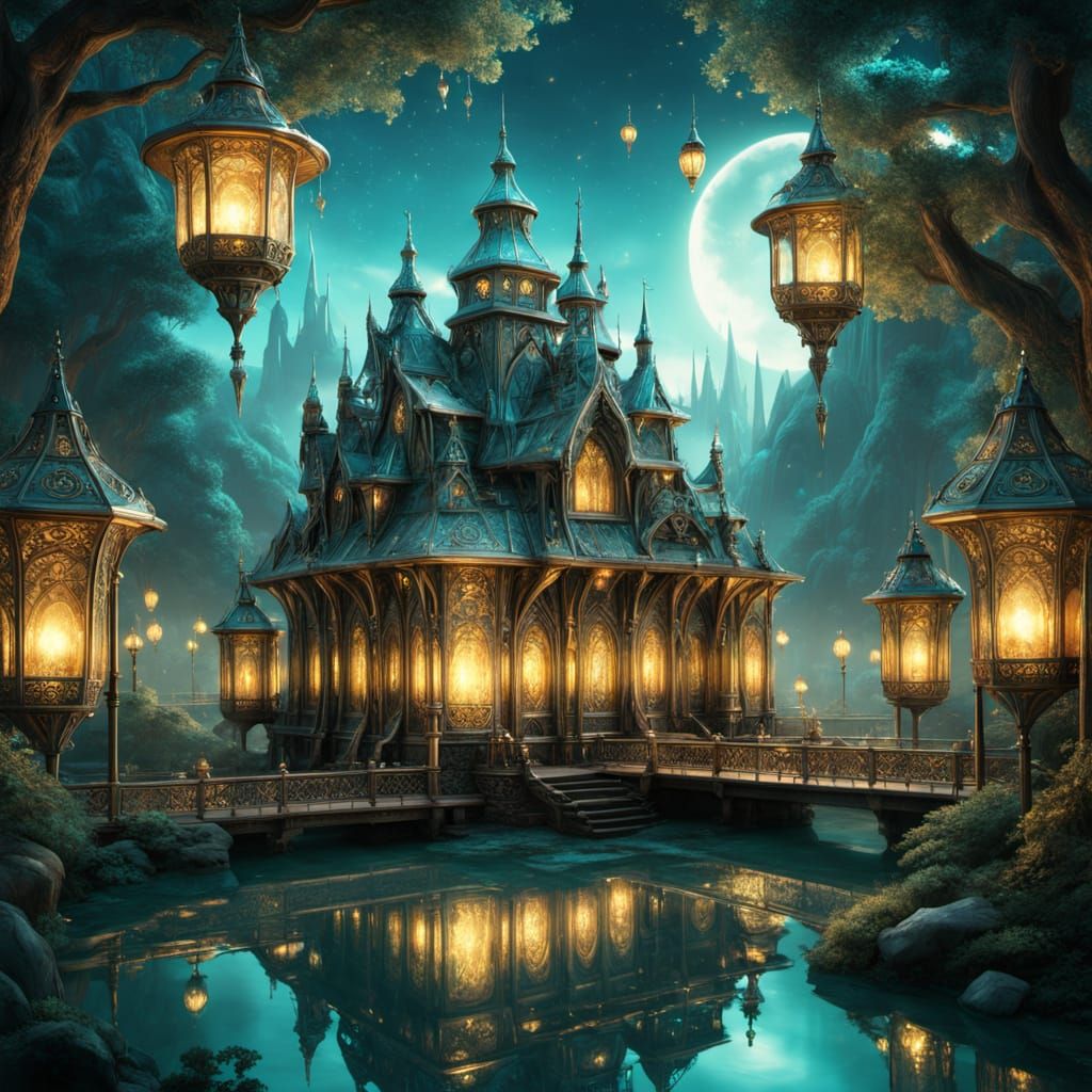 Mystical Elven City in Dreamy Steampunk Landscape