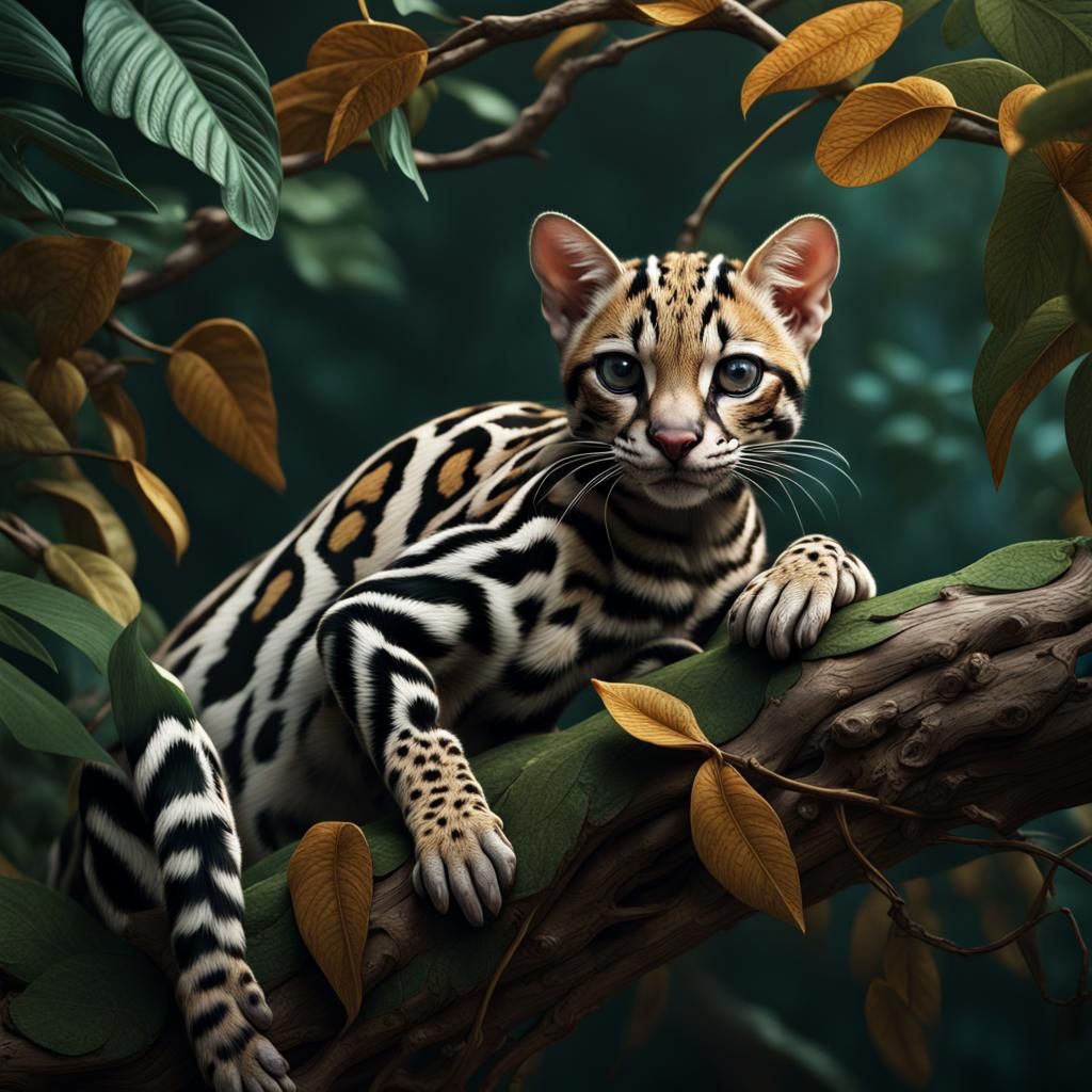 ocelot laid on a branch in the rainforest..
