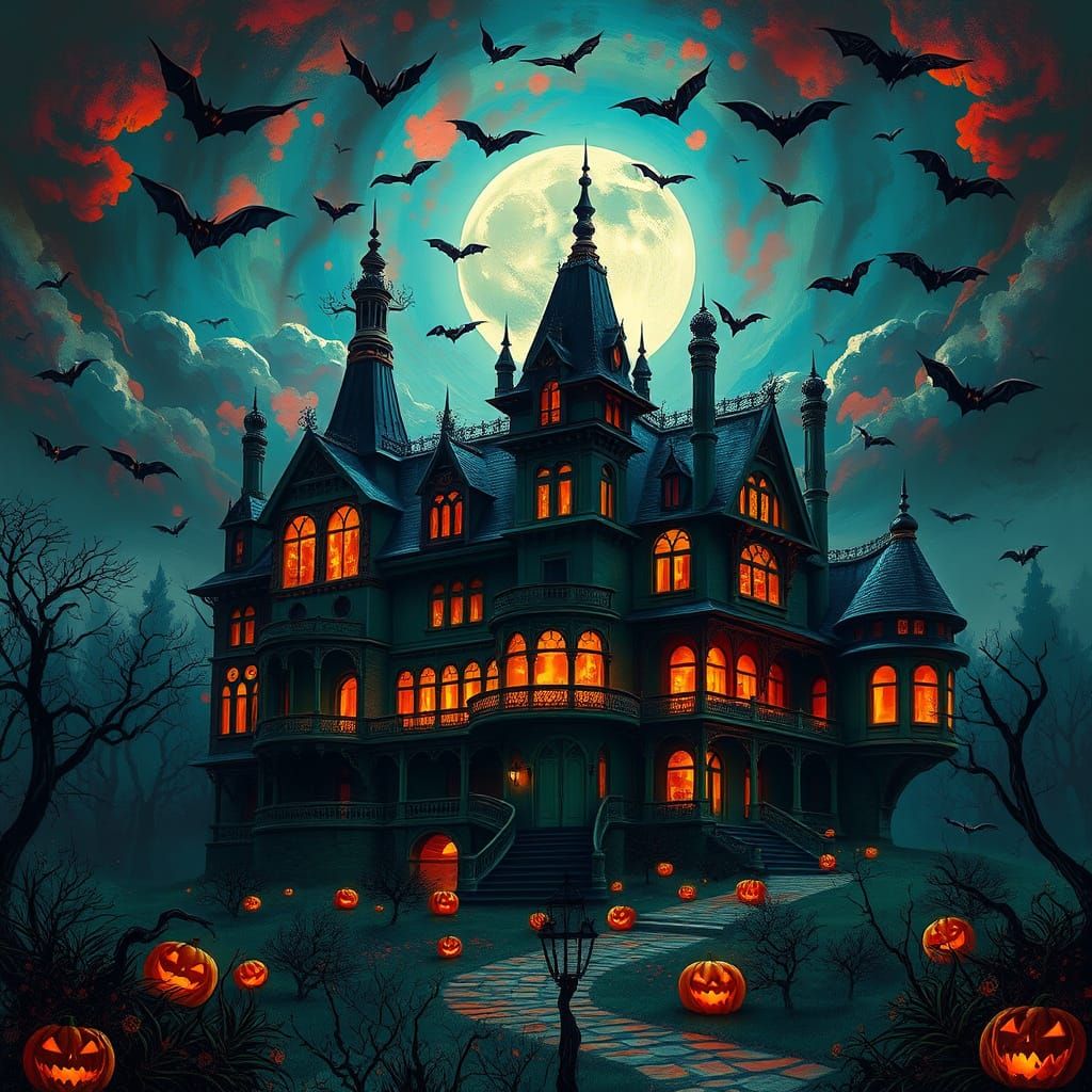 Surreal Halloween Mansion Illuminated by Ethereal Moonlight