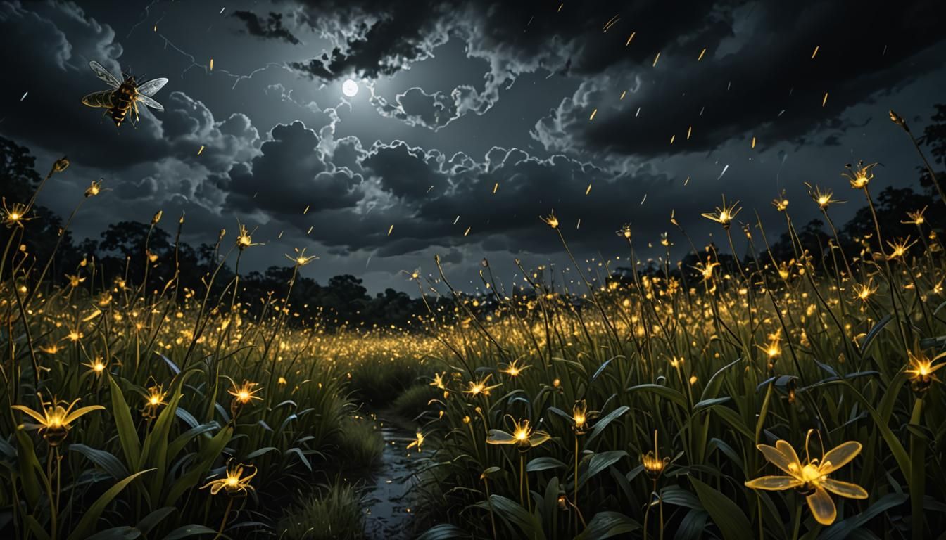 Fireflies Dance in the Night: Hyperrealistic Image