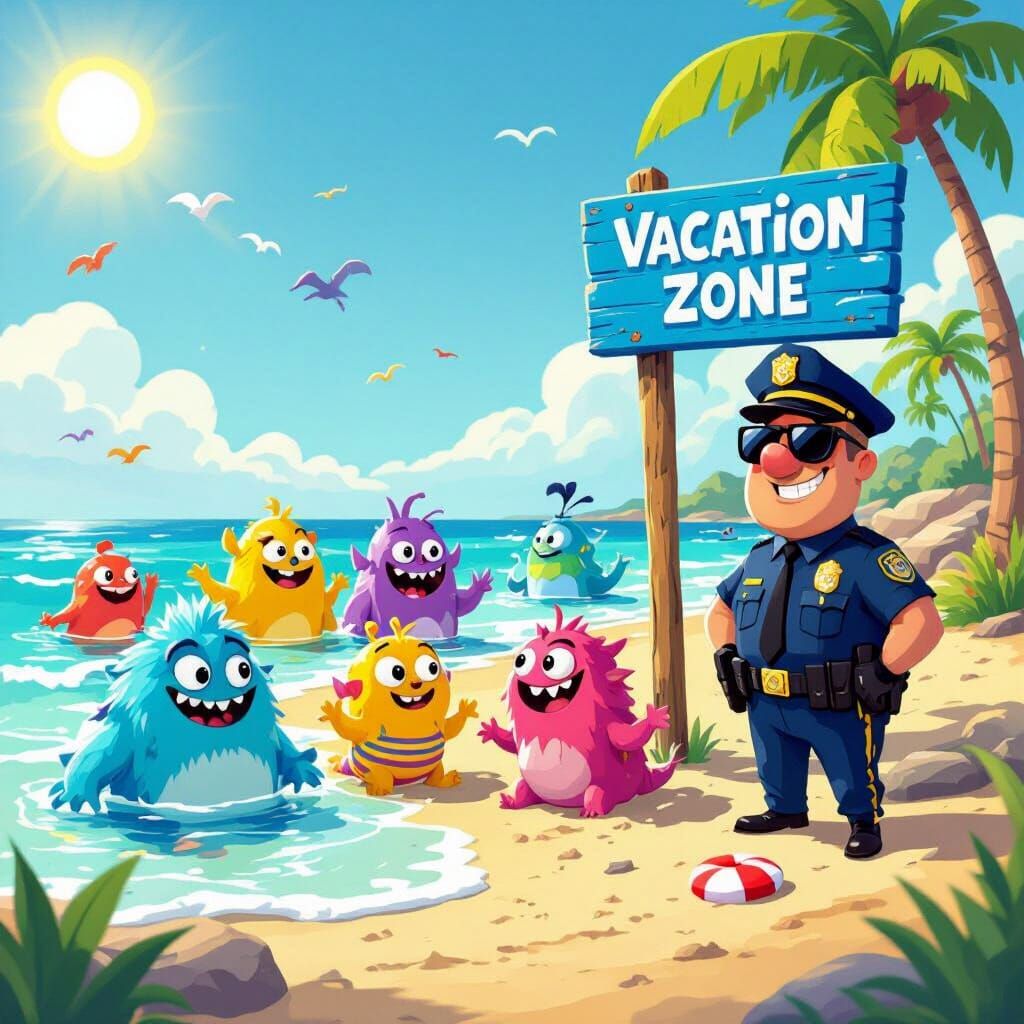 Cartoon Monsters Vacationing on Beach with Police Officer