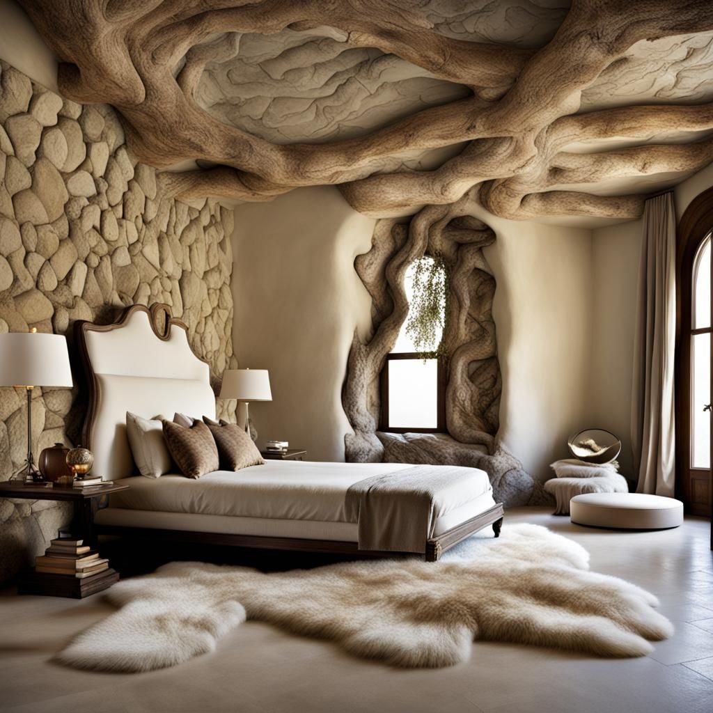 Unique Bedroom Interior with Tree and Stone Floor