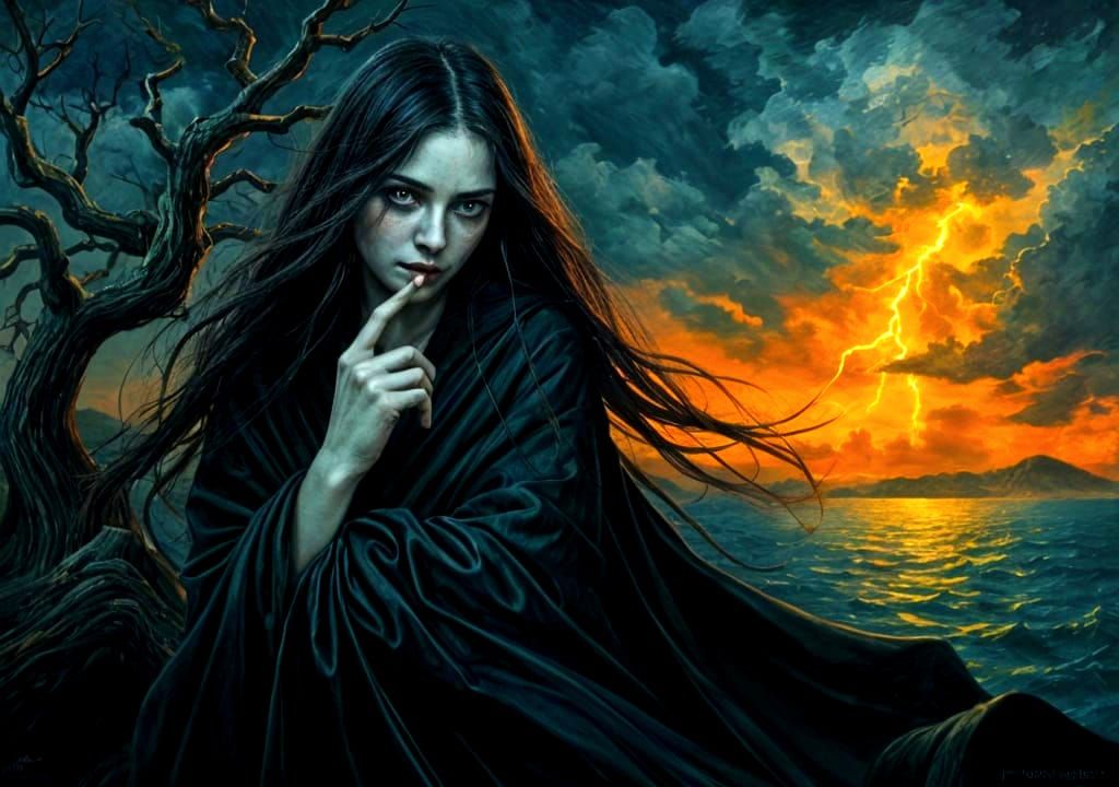 Eerie Banshee in Stormy Night, Impasto Painting