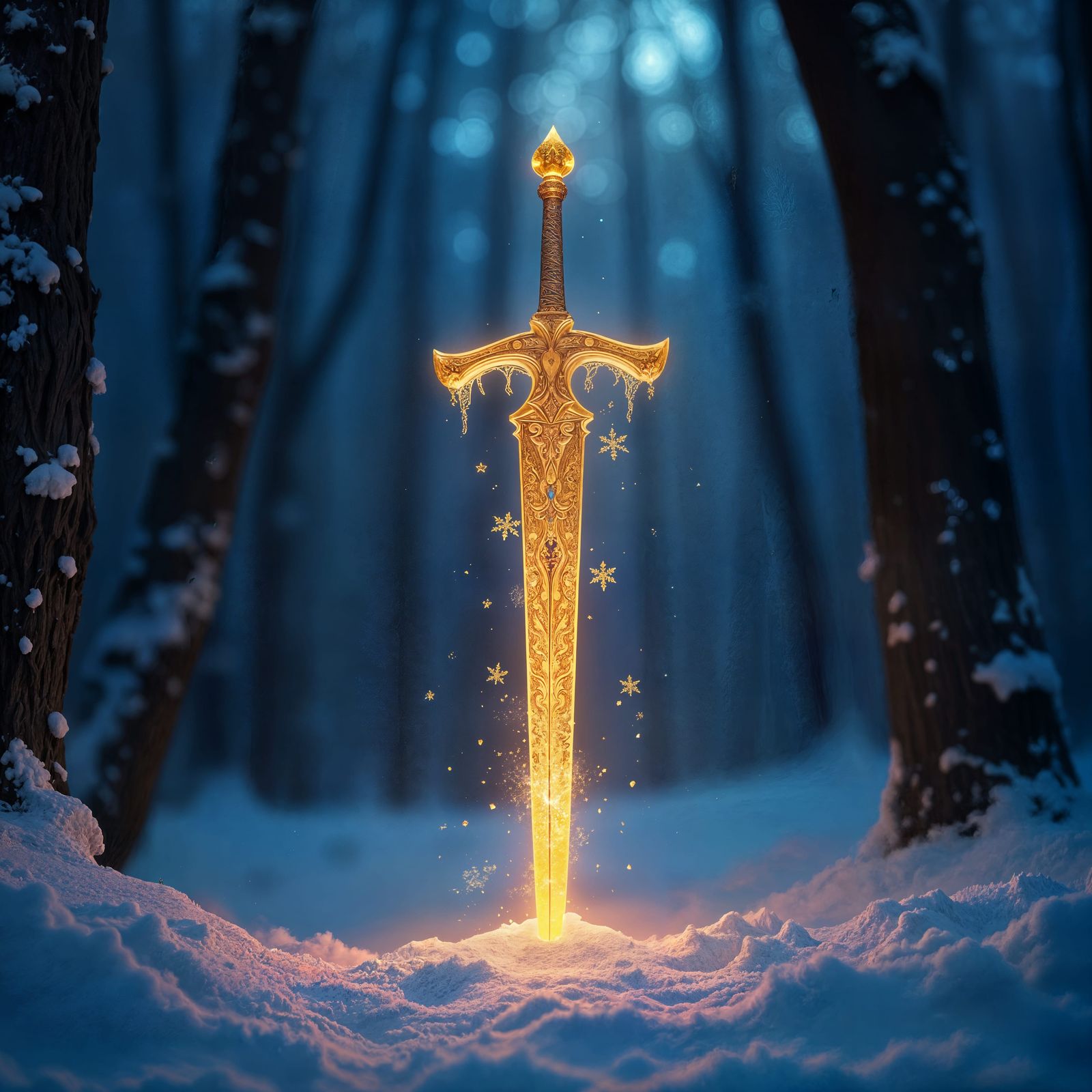 Golden Sword Shines Through Snowy Night in Ethereal Fantasy....