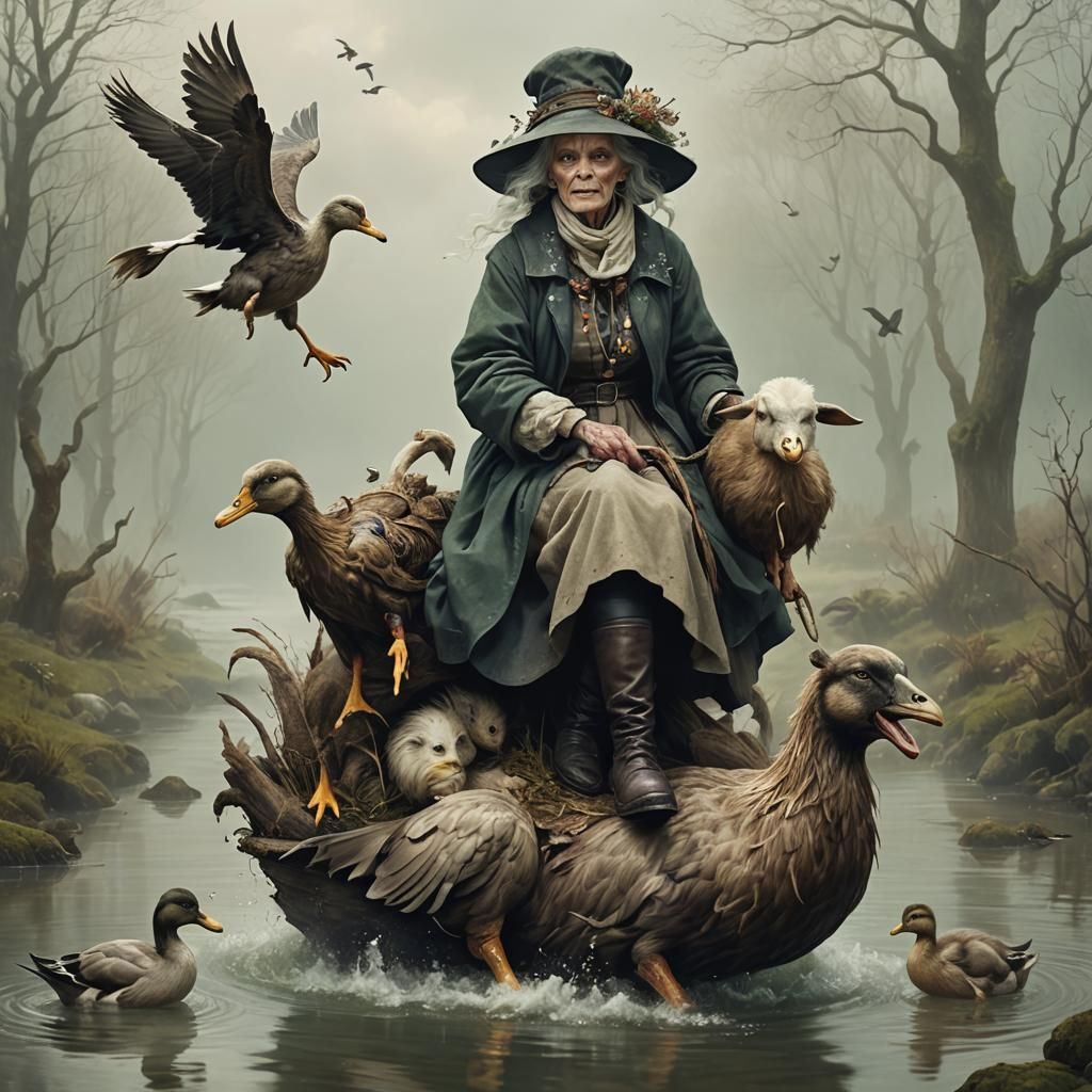 Ethereal Fantasy: Hag Rides Duck-Goat in Wellies