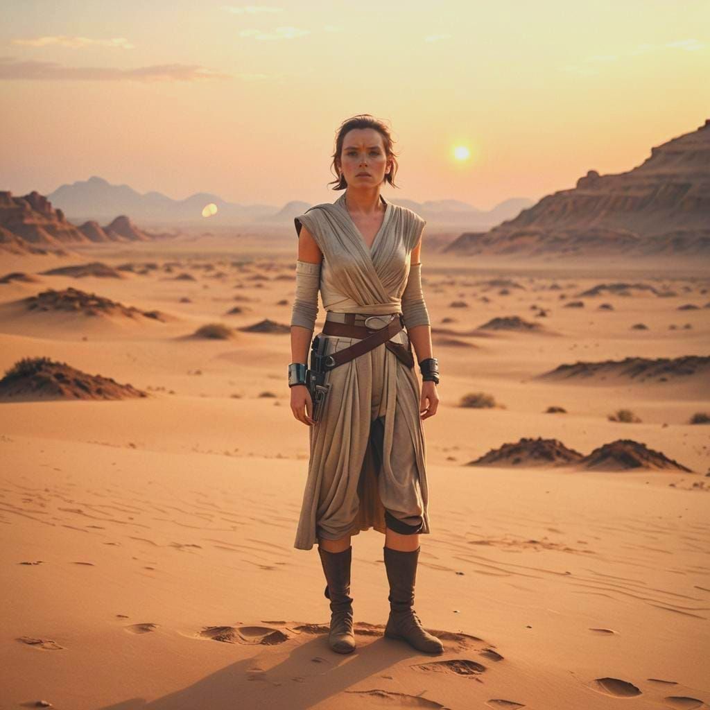 Rey on Tatooine at Sunset: Cinematic Film Still