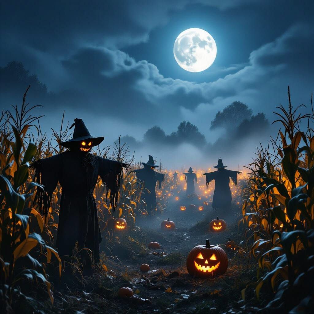 Eerie Halloween Corn Maze Under Full Moon
