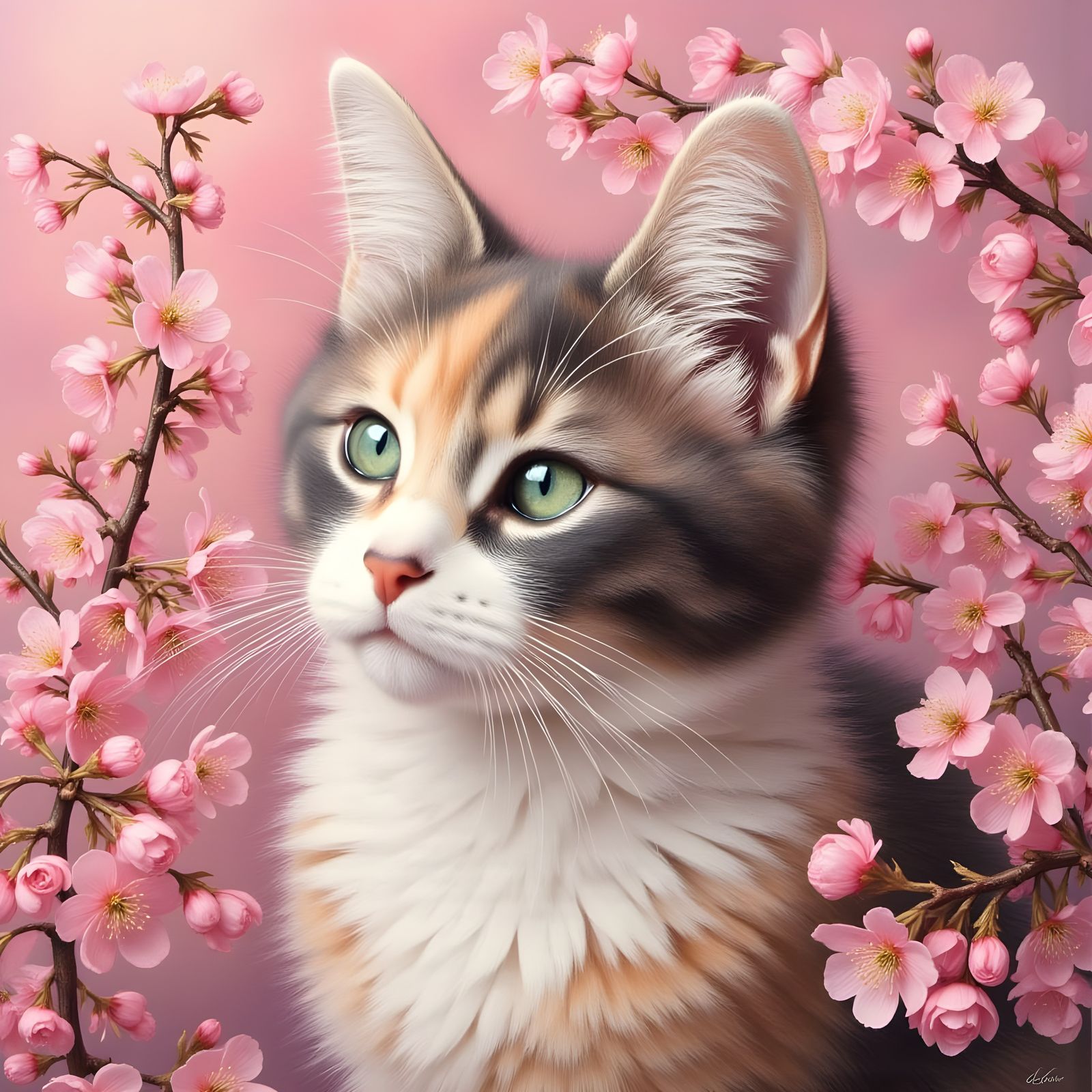 Tiny Pearl Cat Surrounded by Cherry Blossoms in Impasto Oil ...