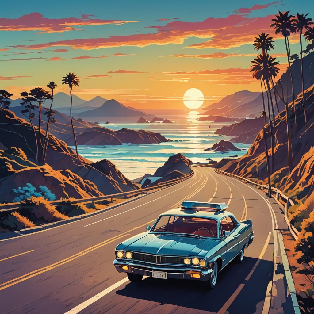 Retro-Futuristic Car on Pacific Coast Highway in Pop Art