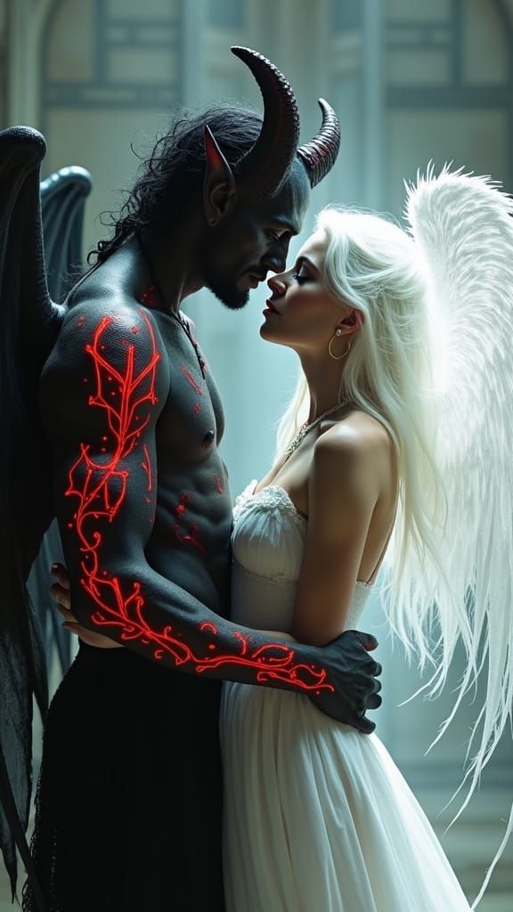Demon and Angel Embrace in Dark Fantasy Style