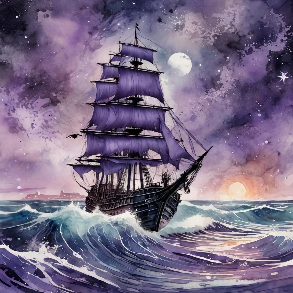 Purple Pirate Ship on Swirling Sea Watercolor