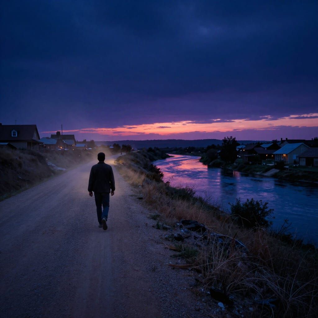 Man Walks Dusty Road to Town at Sunset