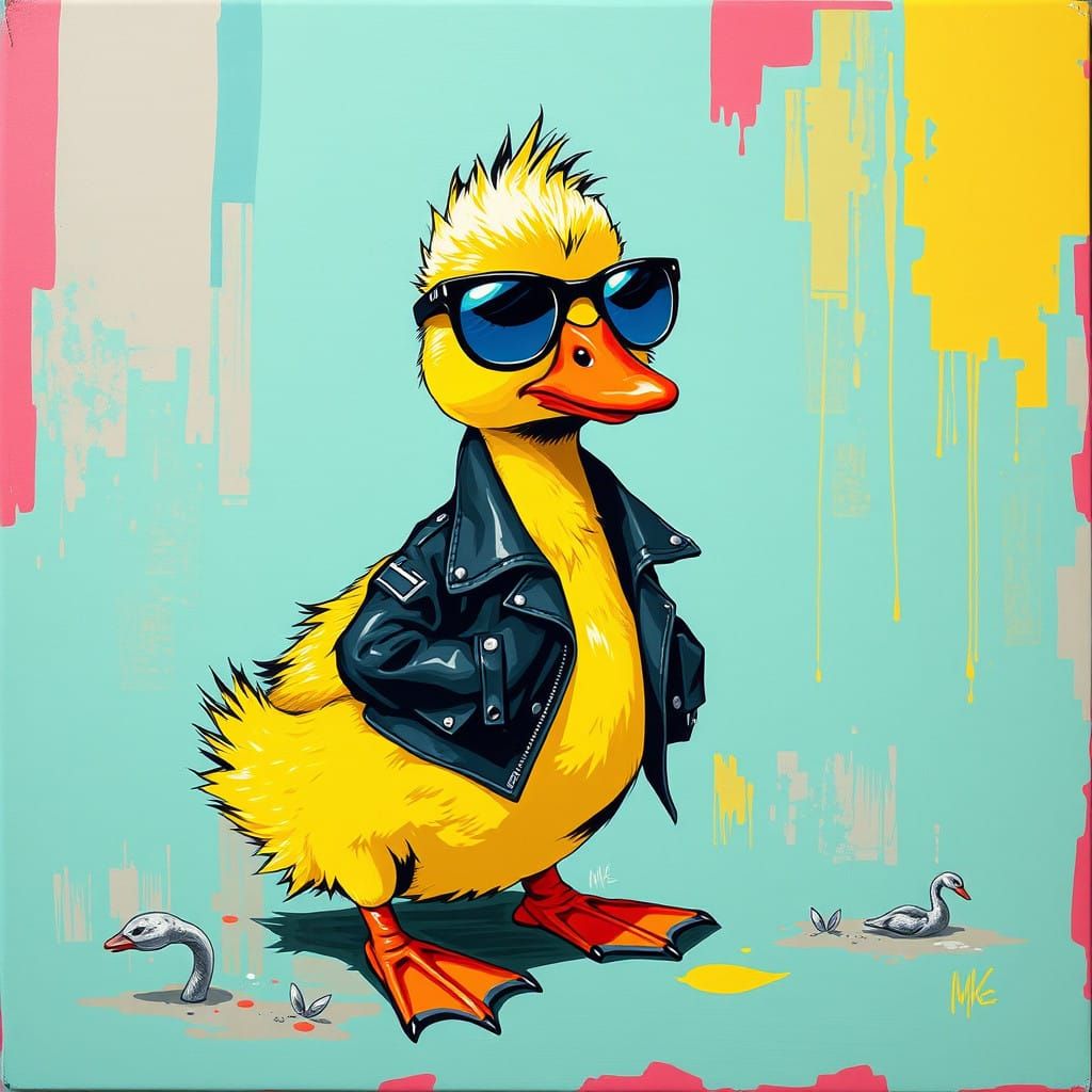 Vibrant Pop Art Duckling in Leather Jacket and Shades