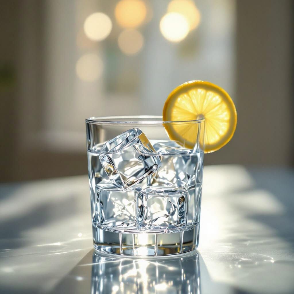 Refreshing Still Life: Ice Cubes and Lemon Slice in Sunlight