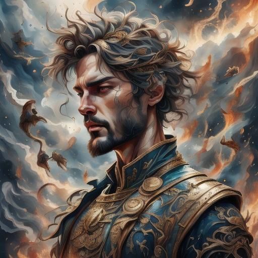 Godlike Man Portrait with Sunbeams and Halo