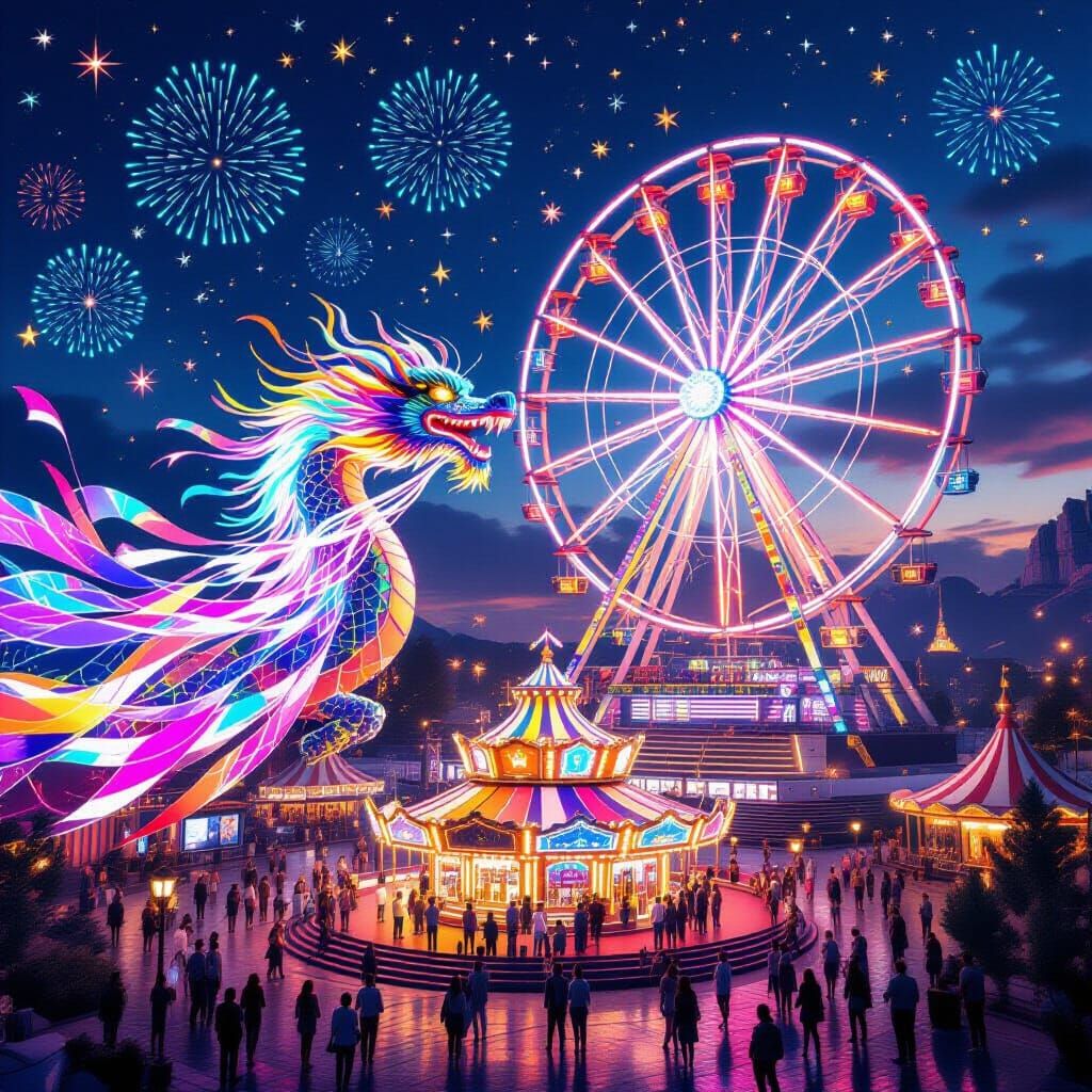 Chromatic Festival Dragon Soars Over Neon Carnival Plaza