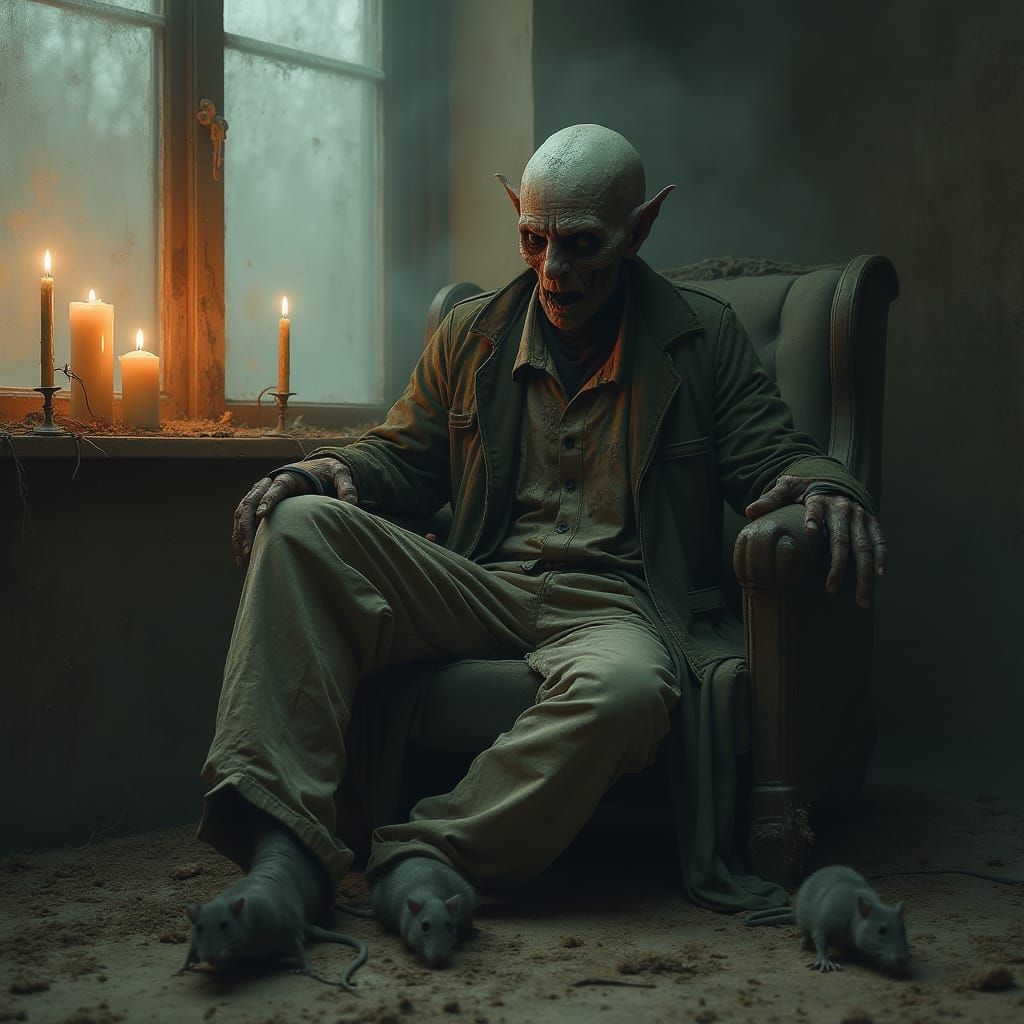Hideous Nosferatu in Abandoned Apartment, Dark Realism Style