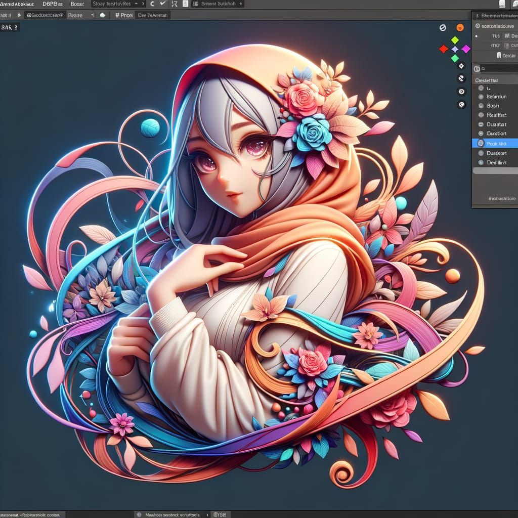 3D Logo of Hijab-Wearing Woman in Anime Style