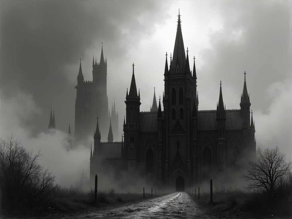 Eerie Gothic Church Spires in Dark Fantasy Style