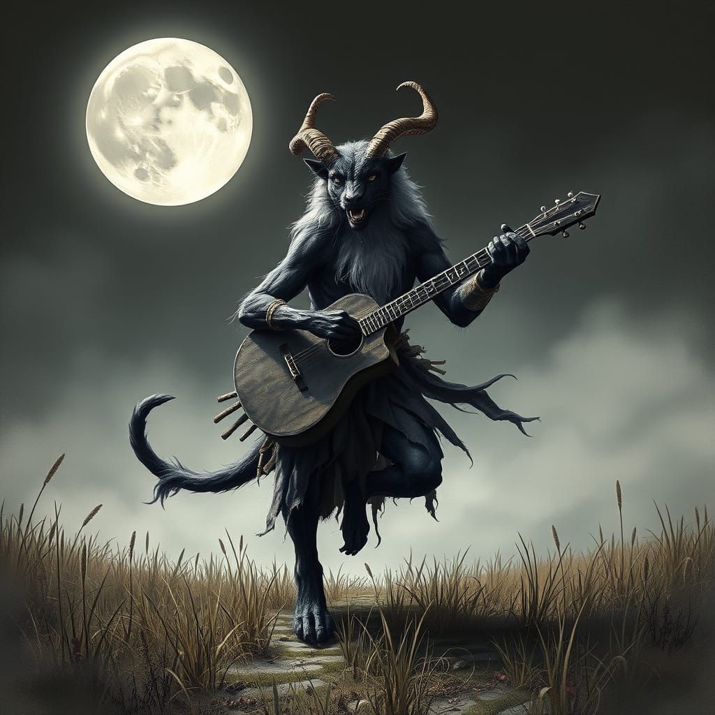Moonlit Feline Satyr Dances in Grayscale