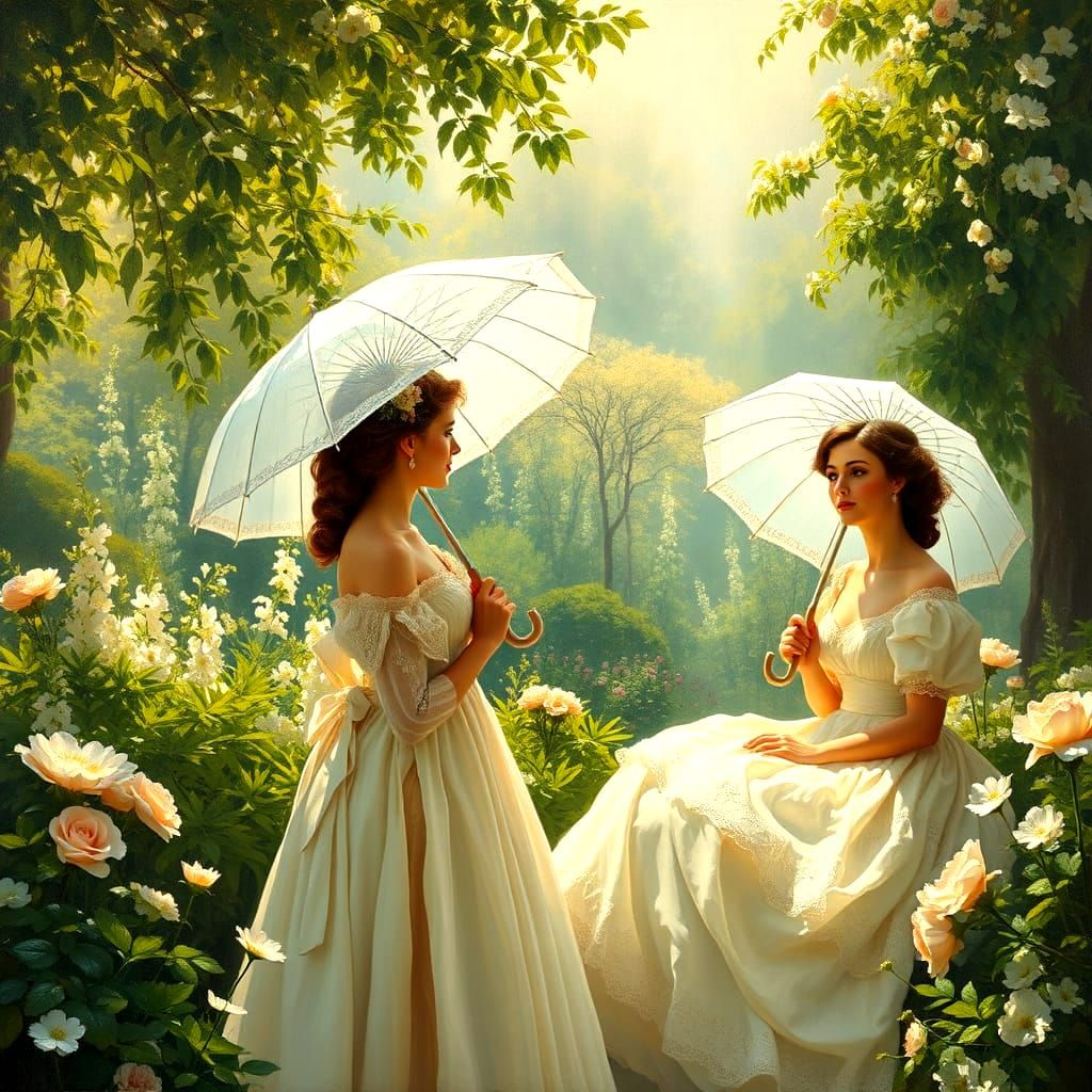 Ethereal Victorian Ladies in Lush Gardens, Oil Painting