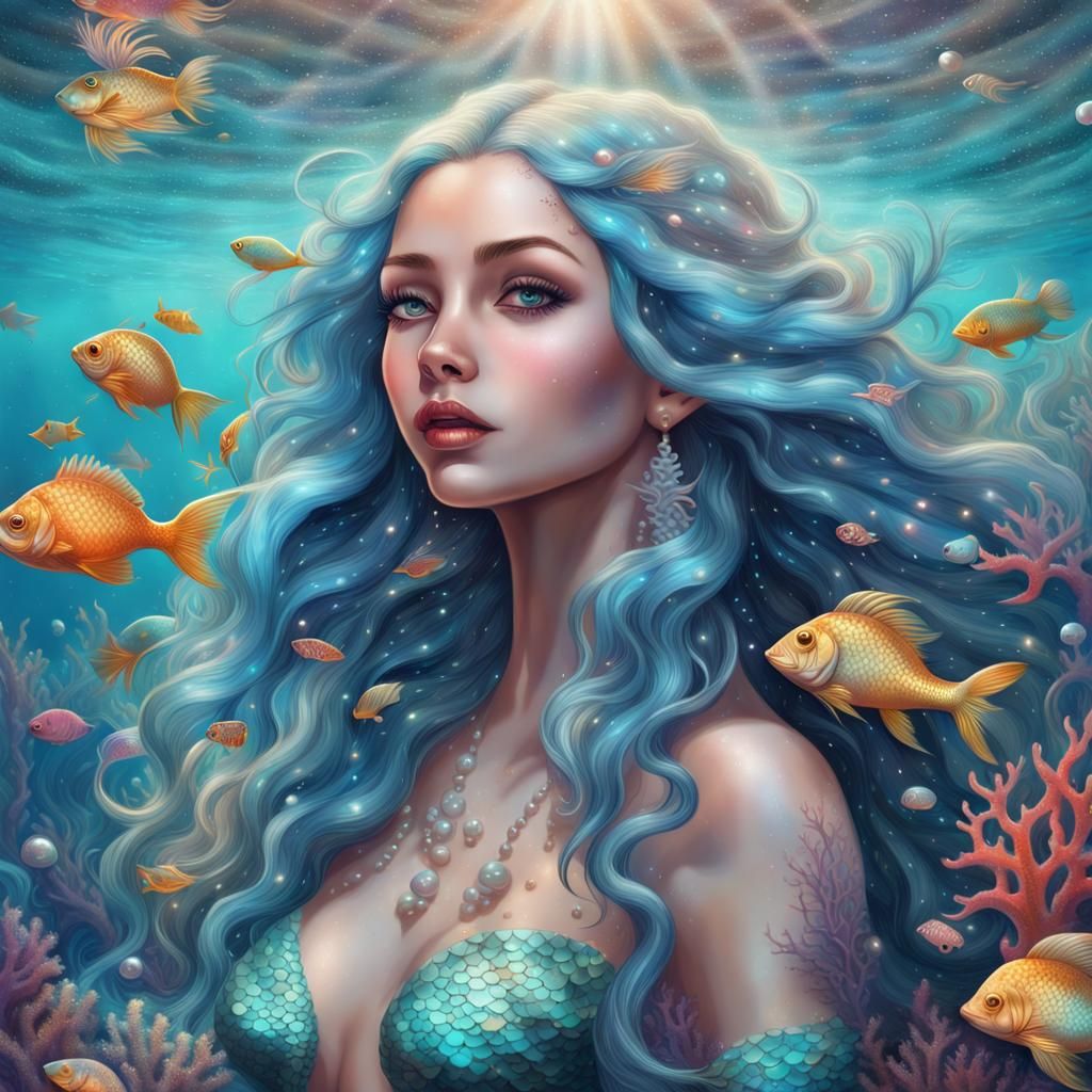 Pearly Mermaid in Coral Reef: Digital Illustration