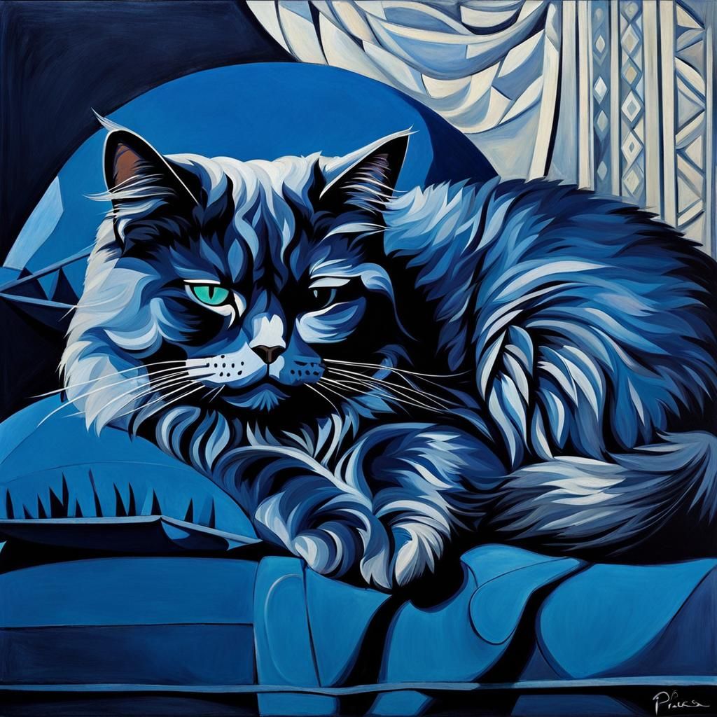 oil painting of a Persian cat sleeping on a velvet pillow in a palace, a still life, by Pablo Picasso, Prussian blue, co...