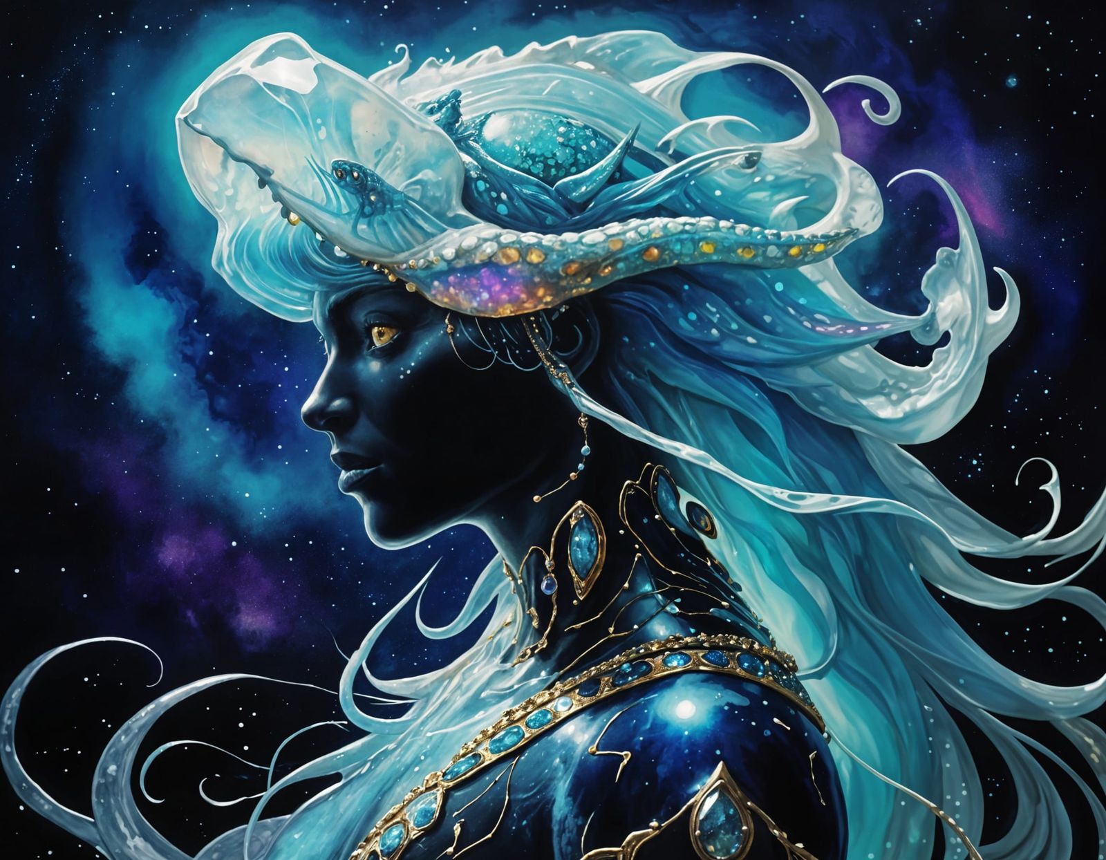 Opal Alien Dinosaur Portrait in Delft Pattern Style