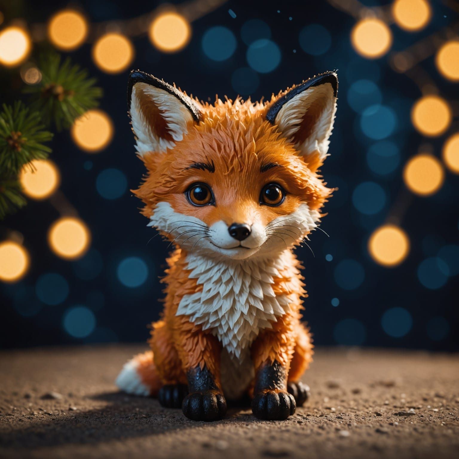 Fox Cub Holding Star at Night with Bokeh