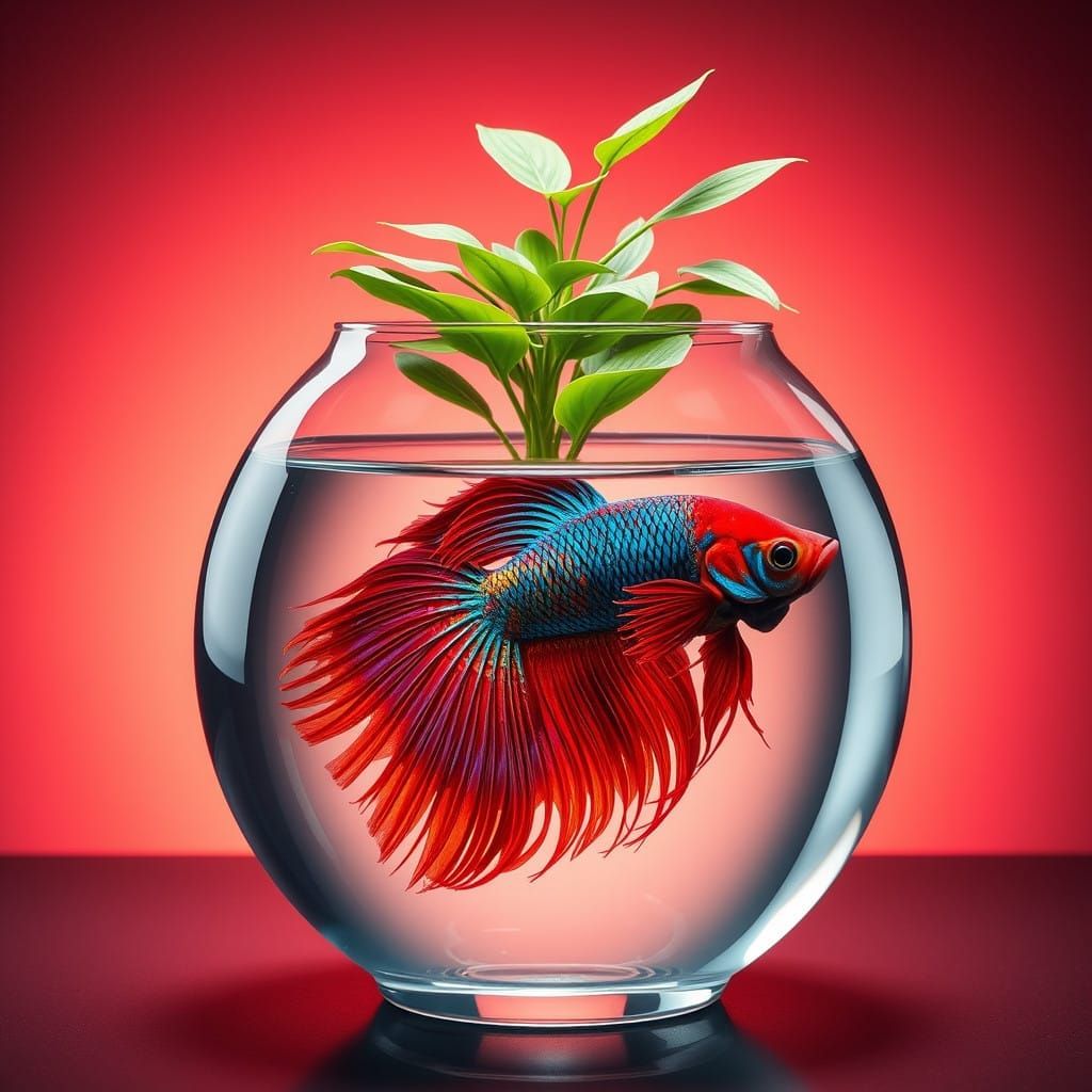 Vibrant Betta Fish in a Lush Glass Vase