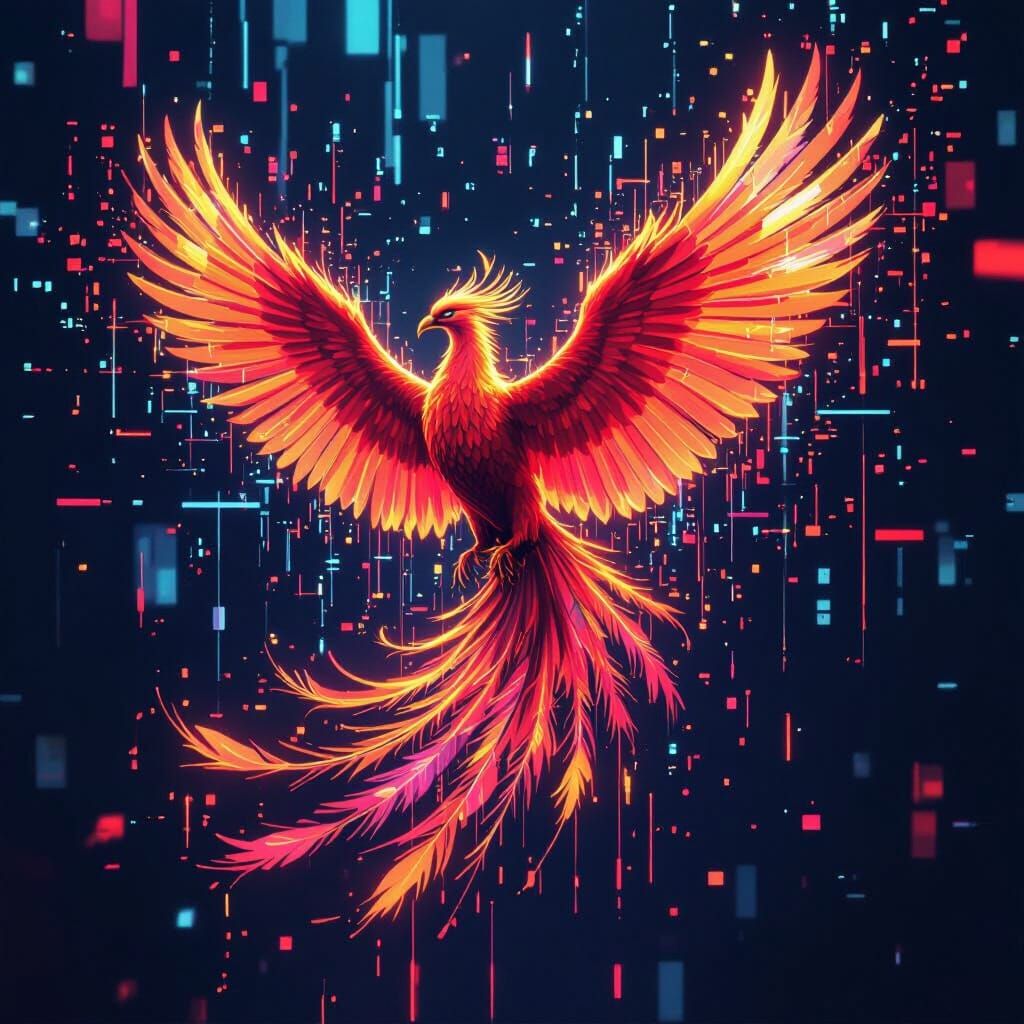 Phoenix Rises From Digital Glitch in Cyberpunk Style