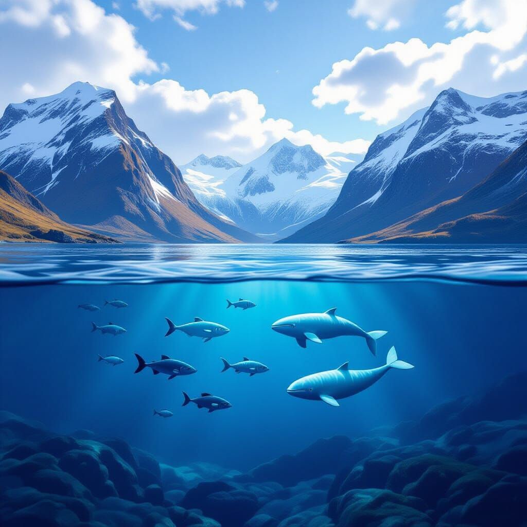 Norwegian Fjord Landscape with Beluga Whales