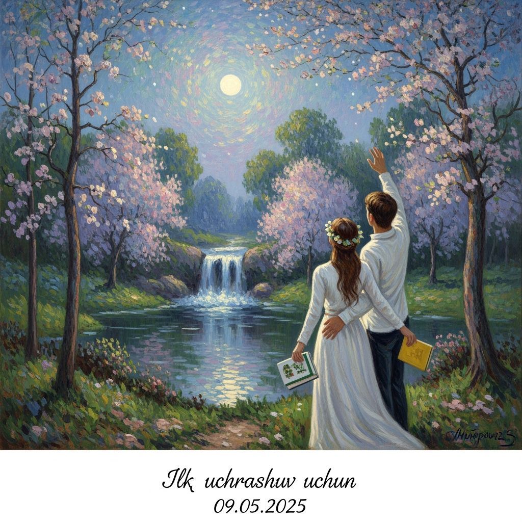 Spring Night Impression: Couple Reaching for the Moon