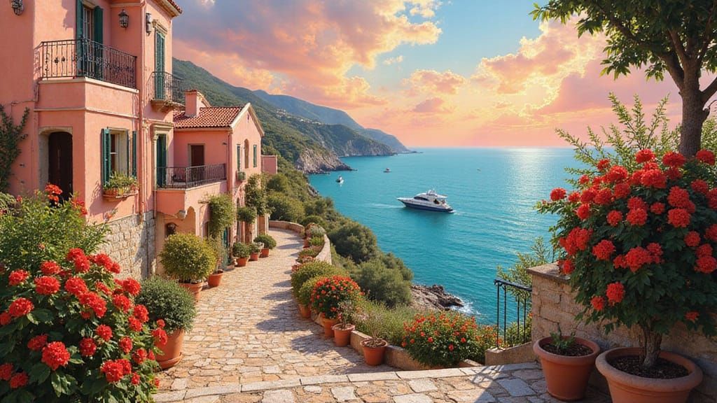 Impressionist Oil Painting of Cliffside Homes by the Sea