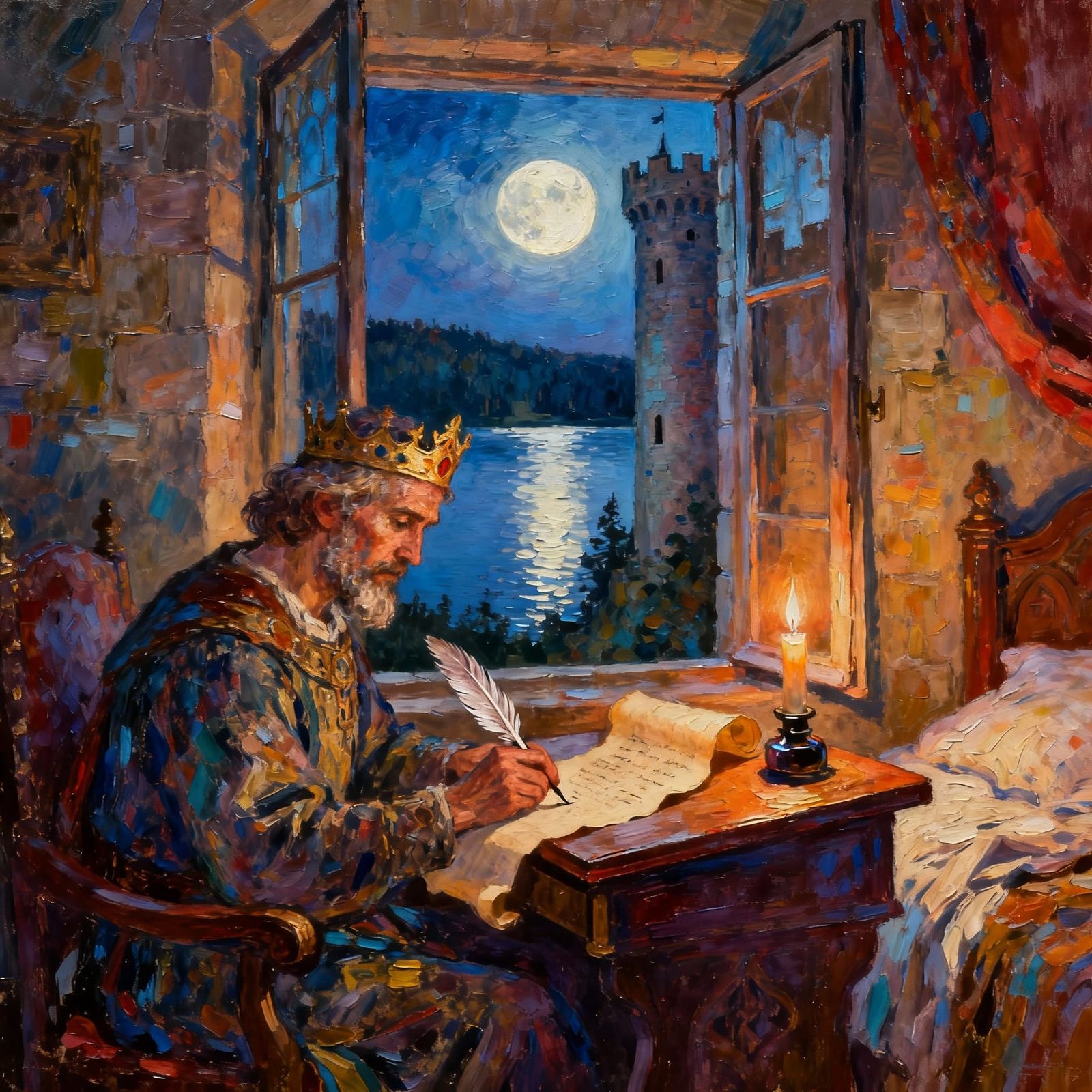 King Signs Scrolls by Moonlight in Neo-Impressionist Style