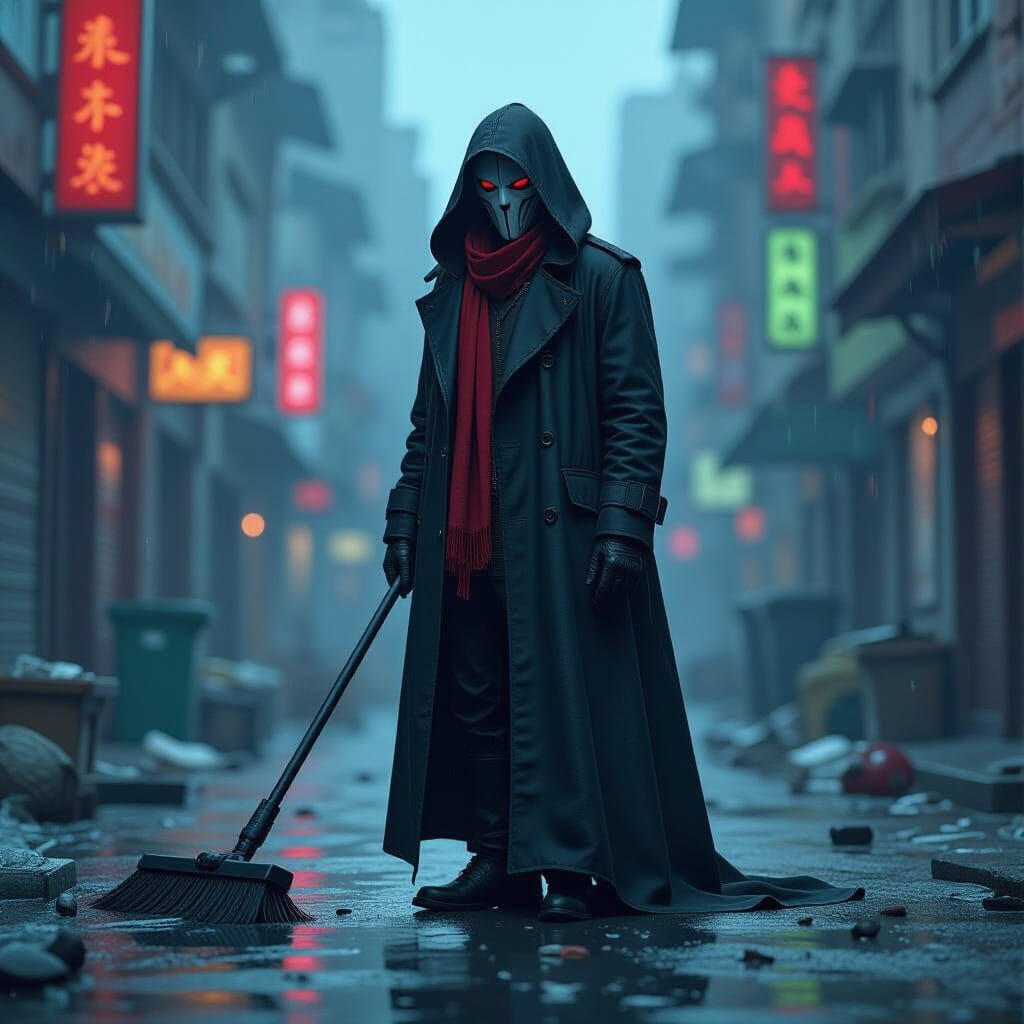Scarlet Sweeper: Masked Figure Amidst Cityscape