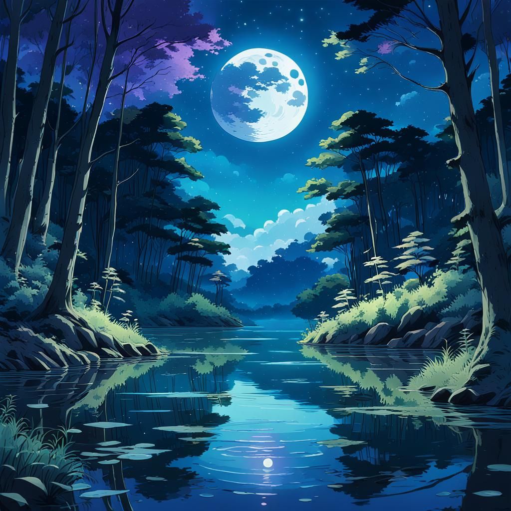 Serene Blue Moon Lake: Surreal Anime Art