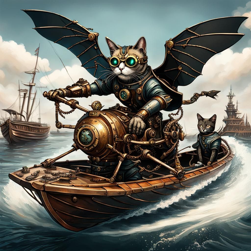 Steampunk Cyber Cat with Mechanical Batwings