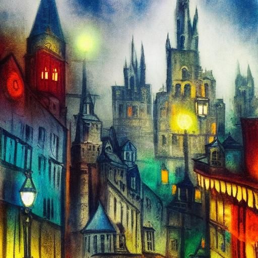 Surrealist Vampire City Skyline in Dreamlike Style