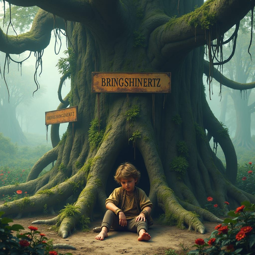 Melancholic Boy in Fantasy Jungle, High-Fantasy Matte Painti...