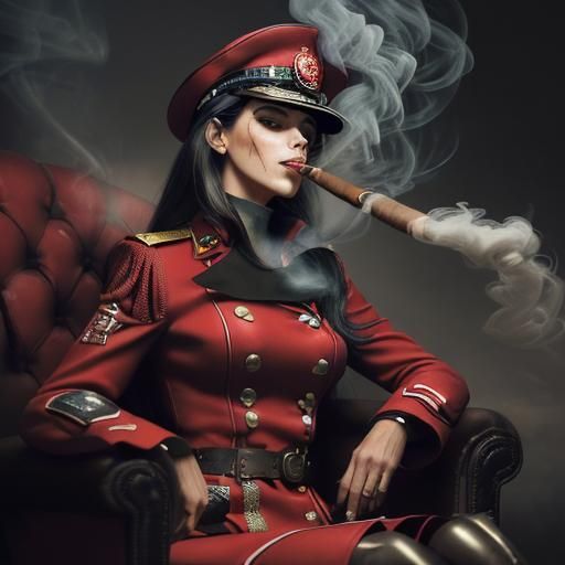 Woman in Military Coat Smoking Cigar